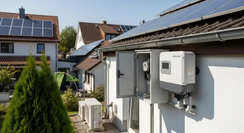 Modern German electrical meter cabinet (Zählerschrank) with smart meter and solar inverter connection, clean technical installation