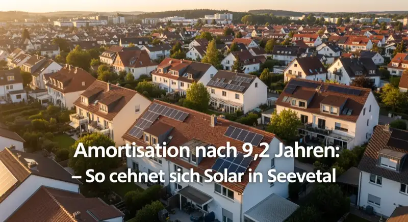 Aerial drone view of typical German residential neighborhood with mixed roof types, red and dark roof tiles, gardens visible, sunny day