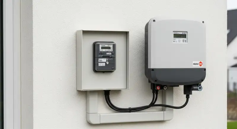 Modern German electrical meter cabinet (Zählerschrank) with smart meter and solar inverter connection, clean technical installation