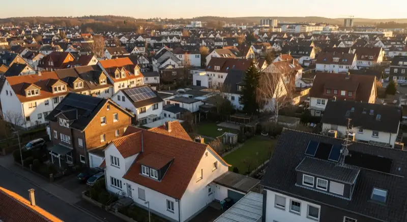 Aerial drone view of typical German residential neighborhood with mixed roof types, red and dark roof tiles, gardens visible, sunny day