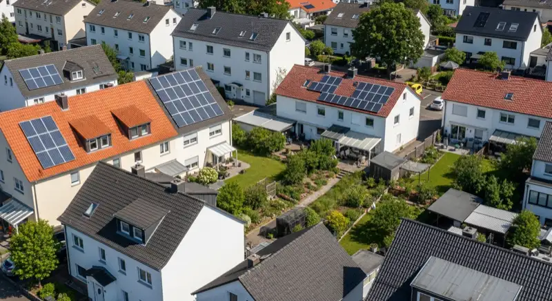 Aerial drone view of typical German residential neighborhood with mixed roof types, red and dark roof tiles, gardens visible, sunny day
