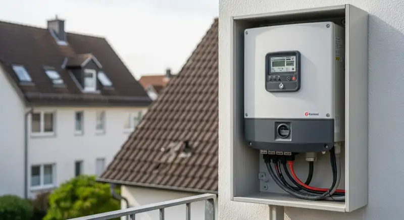 Modern German electrical meter cabinet (Zählerschrank) with smart meter and solar inverter connection, clean technical installation