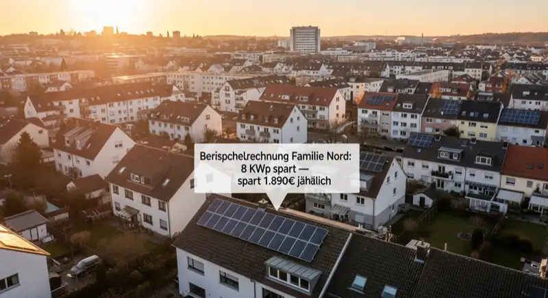 Aerial drone view of typical German residential neighborhood with mixed roof types, red and dark roof tiles, gardens visible, sunny day