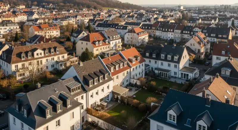 Aerial drone view of typical German residential neighborhood with mixed roof types, red and dark roof tiles, gardens visible, sunny day