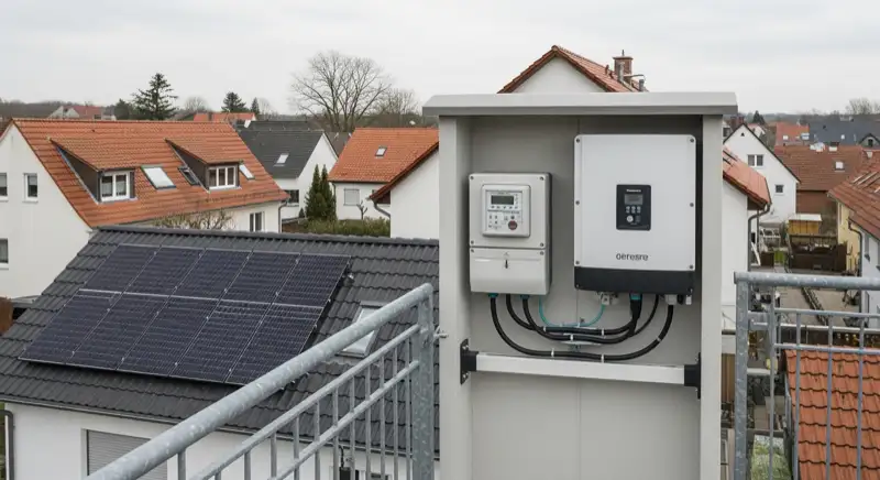 Modern German electrical meter cabinet (Zählerschrank) with smart meter and solar inverter connection, clean technical installation