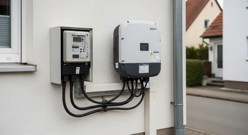 Modern German electrical meter cabinet (Zählerschrank) with smart meter and solar inverter connection, clean technical installation