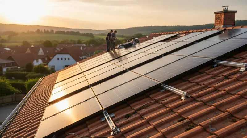 Solarmodule auf einem vorpommerschen Ziegeldach, Detailansicht