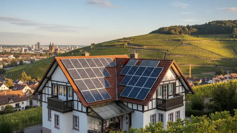 Einfamilienhaus mit Solaranlage in Stuttgart, Kessellage mit Weinbergen im Hintergrund, schwäbische Architektur