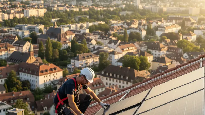 Solarinstallateur bei der Montage auf einem Stuttgarter Hausdach