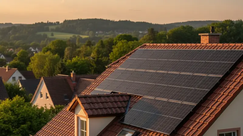 Solarmodule auf einem schwäbischen Hausdach in Stuttgart, Nahaufnahme