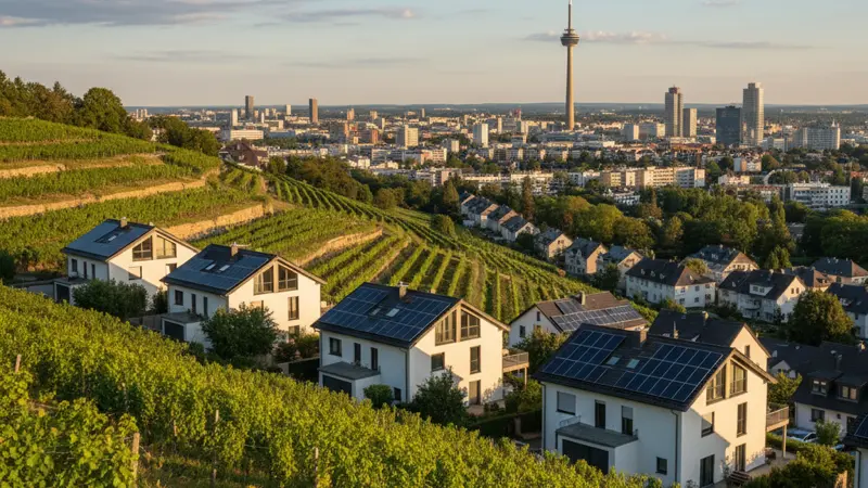 Stuttgart Stadtpanorama mit Solaranlagen auf Dächern und Weinbergen