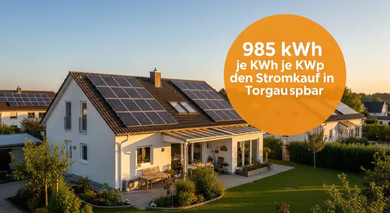 German detached house (Einfamilienhaus) with photovoltaic panels on pitched roof, well-maintained garden, warm afternoon sunlight