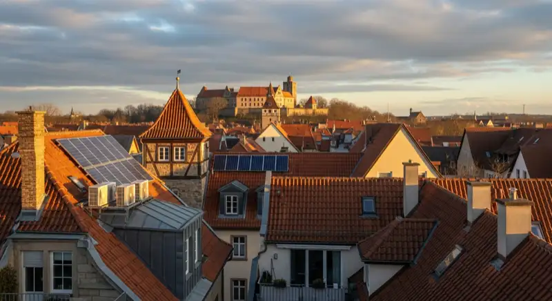 Torgauer Altstadtdach nahe Schloss Hartenfels mit Blick auf historische Dachlandschaft