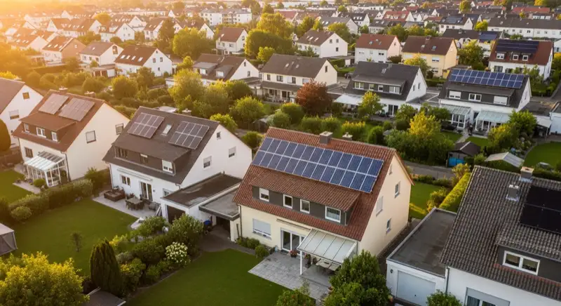 Aerial drone view of typical German residential neighborhood with mixed roof types, red and dark roof tiles, gardens visible, sunny day