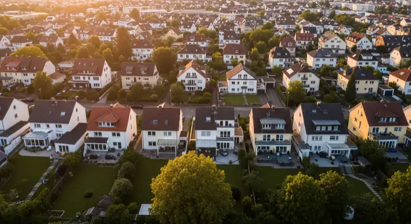 Aerial drone view of typical German residential neighborhood with mixed roof types, red and dark roof tiles, gardens visible, sunny day