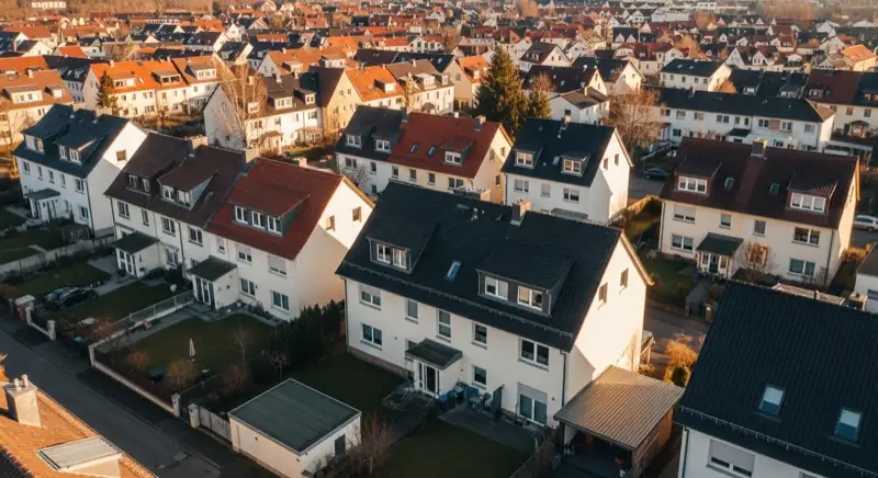 Aerial drone view of typical German residential neighborhood with mixed roof types, red and dark roof tiles, gardens visible, sunny day