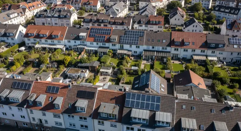 Aerial drone view of typical German residential neighborhood with mixed roof types, red and dark roof tiles, gardens visible, sunny day