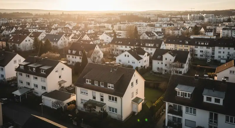 Wohngebiete in Ulm mit verschiedenen Bauformen, typische Einfamilienhäuser und Dachstrukturen aus der Luft