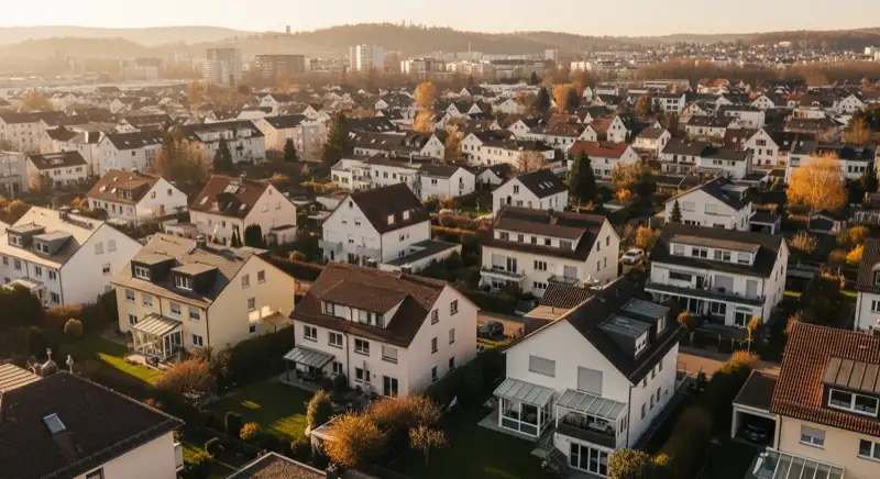 Wohngebiete in Ulm mit verschiedenen Bauformen, typische Einfamilienhäuser und Dachstrukturen aus der Luft