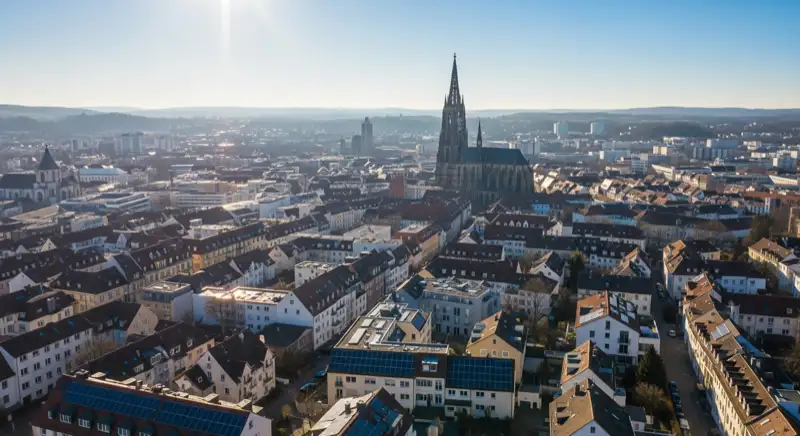 Panoramablick über Ulm mit Solaranlagen auf Dächern und dem Münster im Hintergrund bei strahlendem Sonnenschein