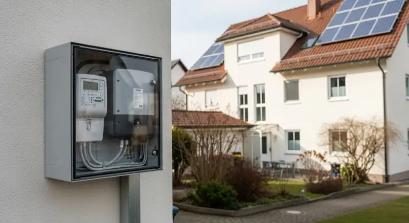 Modern German electrical meter cabinet (Zählerschrank) with smart meter and solar inverter connection, clean technical installation
