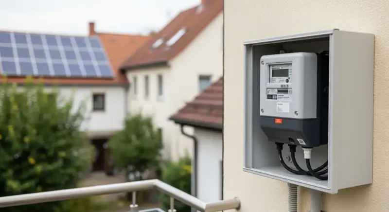 Modern German electrical meter cabinet (Zählerschrank) with smart meter and solar inverter connection, clean technical installation