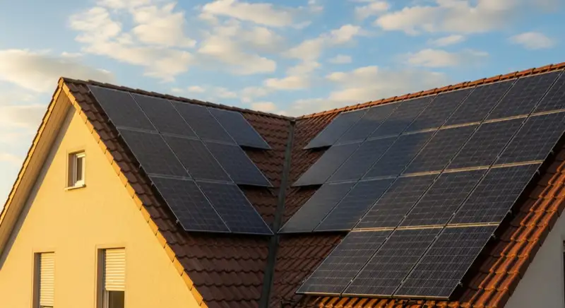 Close-up of photovoltaic solar panels installed on a traditional German Satteldach (gabled roof), blue sky with some clouds