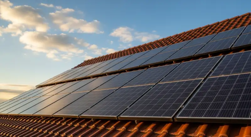 Close-up of photovoltaic solar panels installed on a traditional German Satteldach (gabled roof), blue sky with some clouds