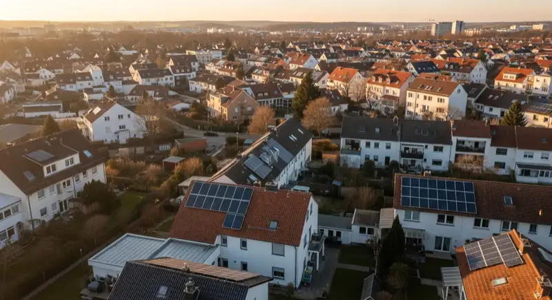 Aerial drone view of typical German residential neighborhood with mixed roof types, red and dark roof tiles, gardens visible, sunny day