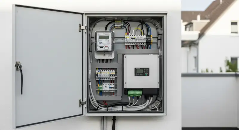 Modern German electrical meter cabinet (Zählerschrank) with smart meter and solar inverter connection, clean technical installation