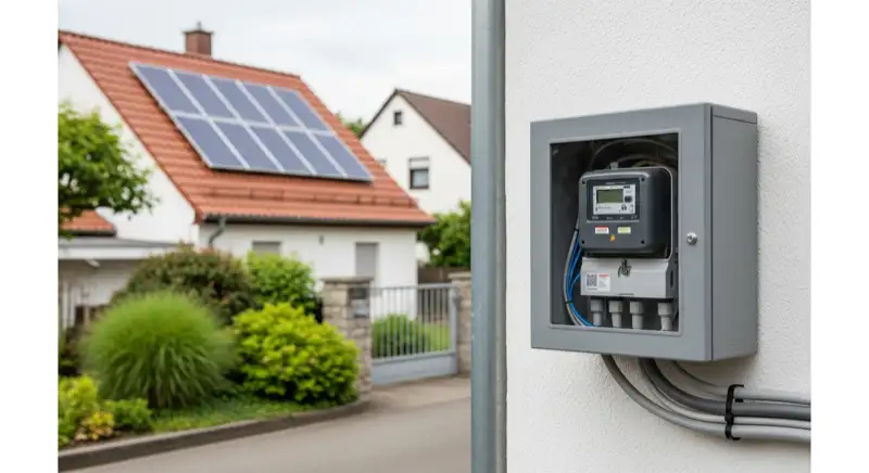 Modern German electrical meter cabinet (Zählerschrank) with smart meter and solar inverter connection, clean technical installation
