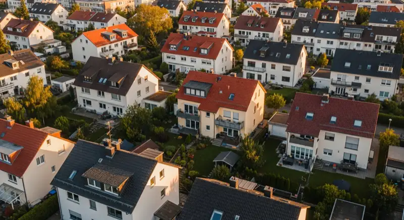 Aerial drone view of typical German residential neighborhood with mixed roof types, red and dark roof tiles, gardens visible, sunny day