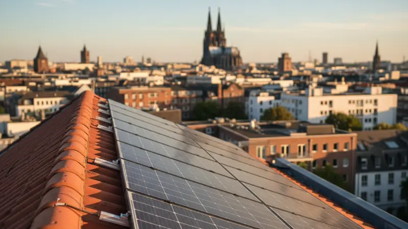 Solarmodule auf einem Wesselinger Hausdach, Nahaufnahme der Installation