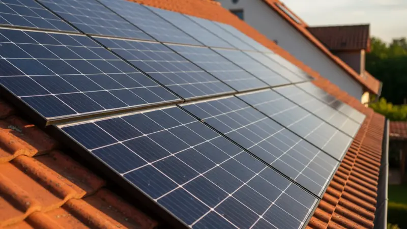 Solarmodule auf einem Ziegeldach in Wiesbaden, Nahaufnahme