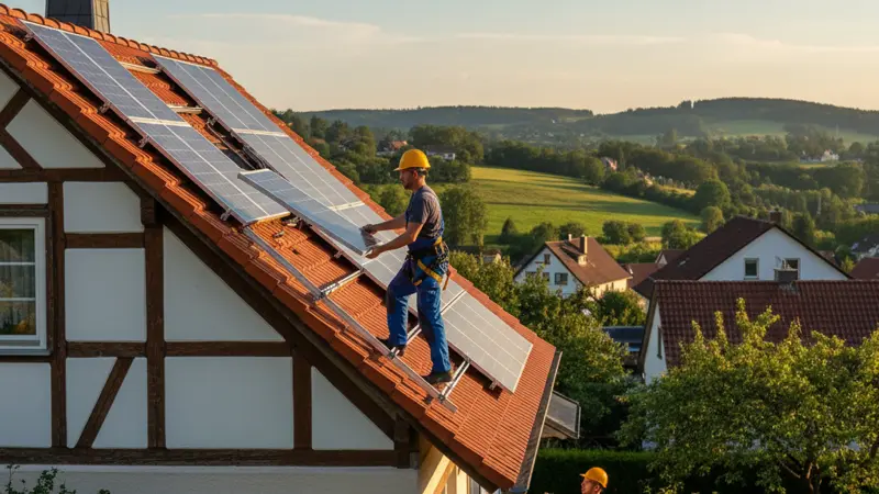 Solarinstallateur bei der Montage auf einem Wiesbadener Dach