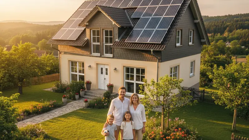 Familie vor ihrem Einfamilienhaus mit Solaranlage in Wiesbaden