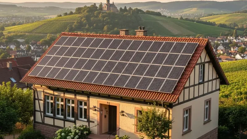 Einfamilienhaus mit Solaranlage in Wiesbaden, Neroberg und Rheingau-Weinberge im Hintergrund