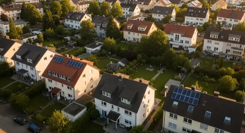 Aerial drone view of typical German residential neighborhood with mixed roof types, red and dark roof tiles, gardens visible, sunny day