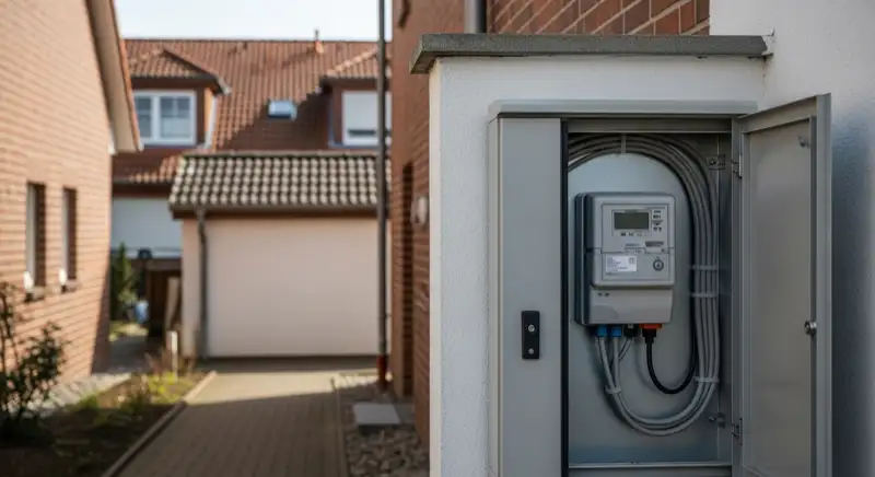 Modern German electrical meter cabinet (Zählerschrank) with smart meter and solar inverter connection, clean technical installation