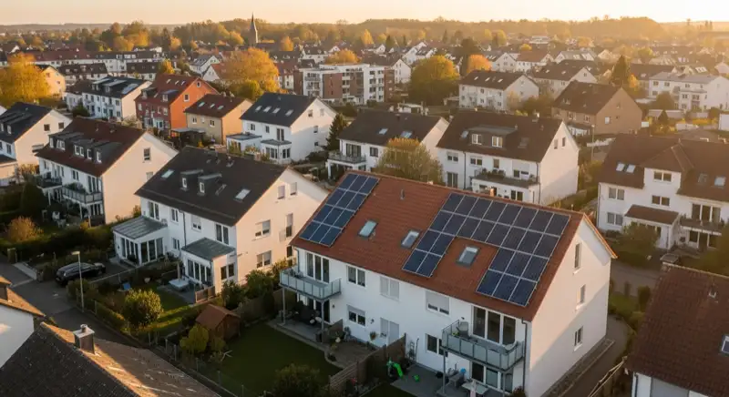 Aerial drone view of typical German residential neighborhood with mixed roof types, red and dark roof tiles, gardens visible, sunny day