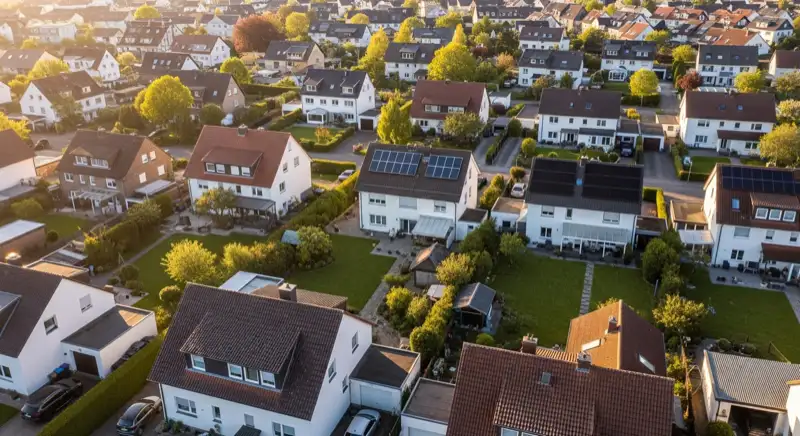 Aerial drone view of typical German residential neighborhood with mixed roof types, red and dark roof tiles, gardens visible, sunny day