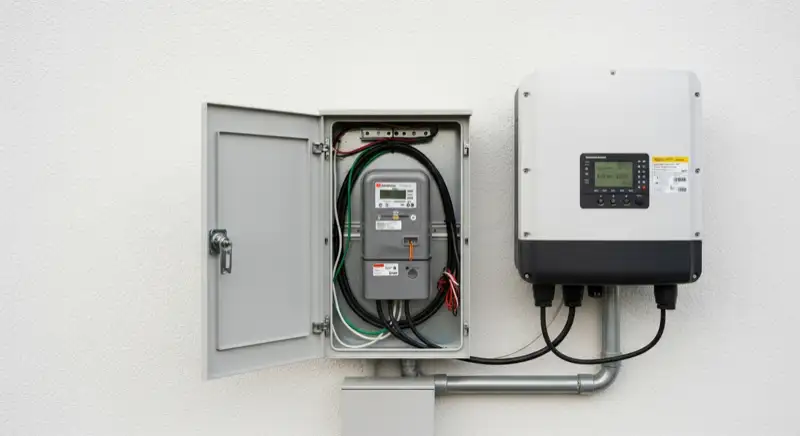 Modern German electrical meter cabinet (Zählerschrank) with smart meter and solar inverter connection, clean technical installation