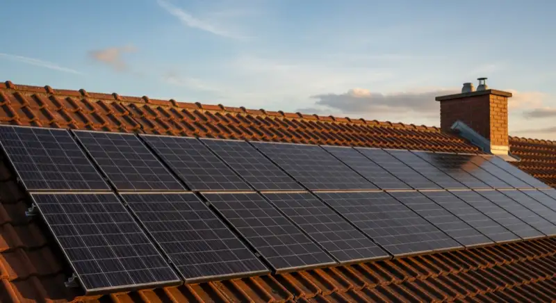 Close-up of photovoltaic solar panels installed on a traditional German Satteldach (gabled roof), blue sky with some clouds