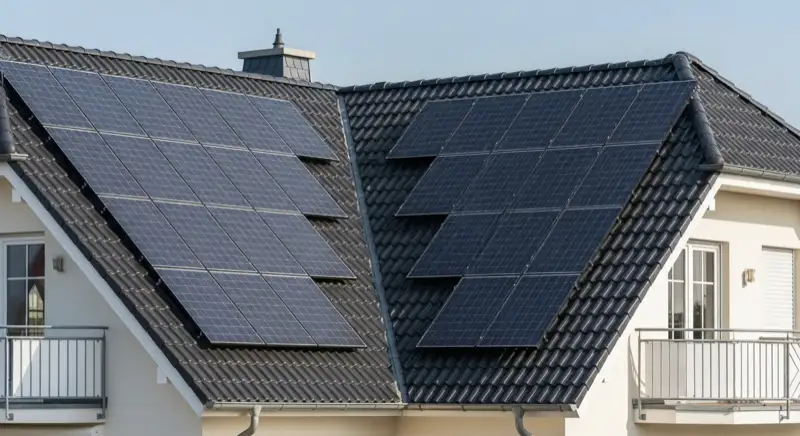 Einfamilienhausdach mit Solarmodulen in küstennaher Umgebung von Wolgast am Peenestrom