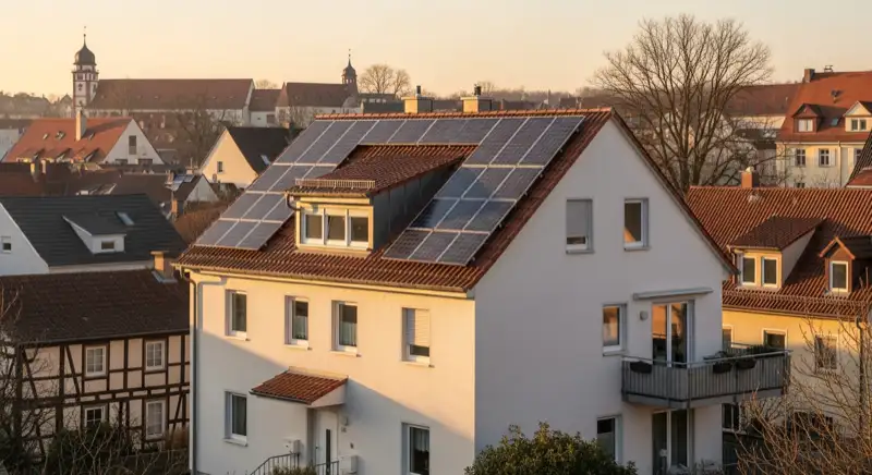 Einfamilienhaus in Würzburg mit Solaranlage auf dem Dach vor typischer fränkischer Stadtarchitektur
