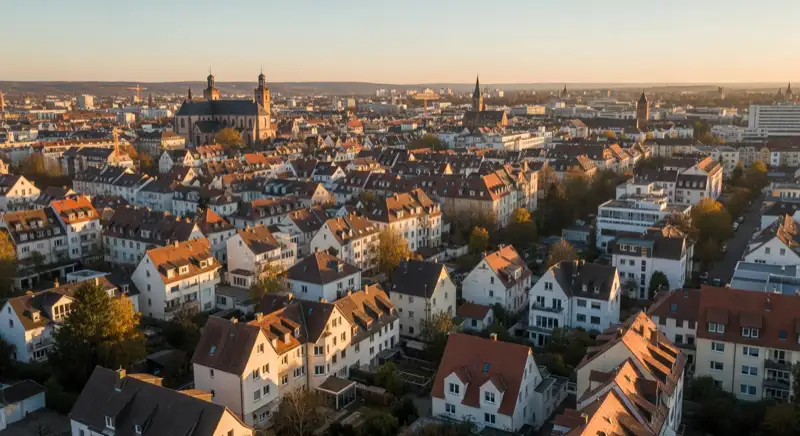Wohngebiete in Würzburg mit verschiedenen Bauformen, typische Einfamilienhäuser und Dachstrukturen aus der Luft