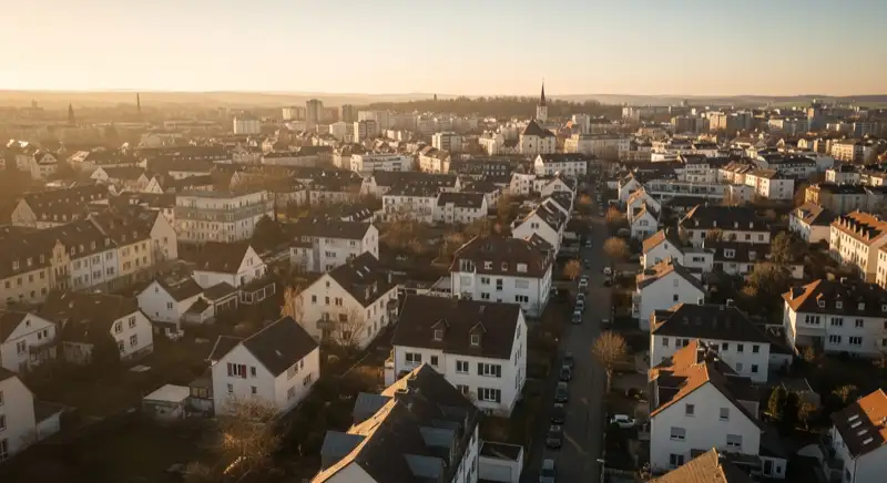 Wohngebiete in Würzburg mit verschiedenen Bauformen, typische Einfamilienhäuser und Dachstrukturen aus der Luft