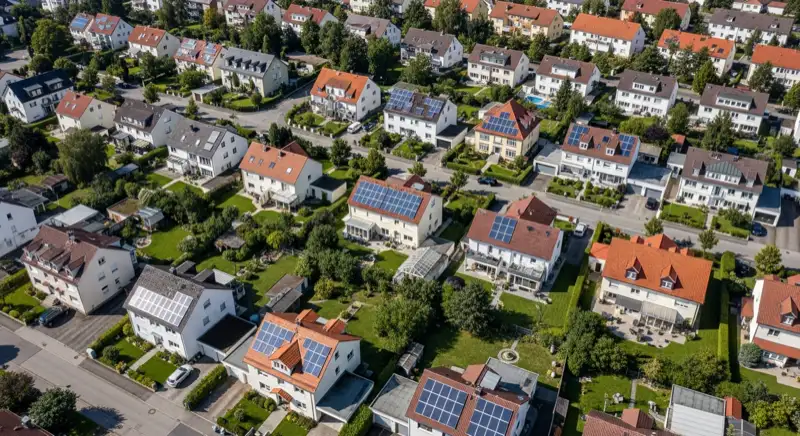 Wohngebiete in Würzburg mit verschiedenen Bauformen, typische Einfamilienhäuser und Dachstrukturen aus der Luft