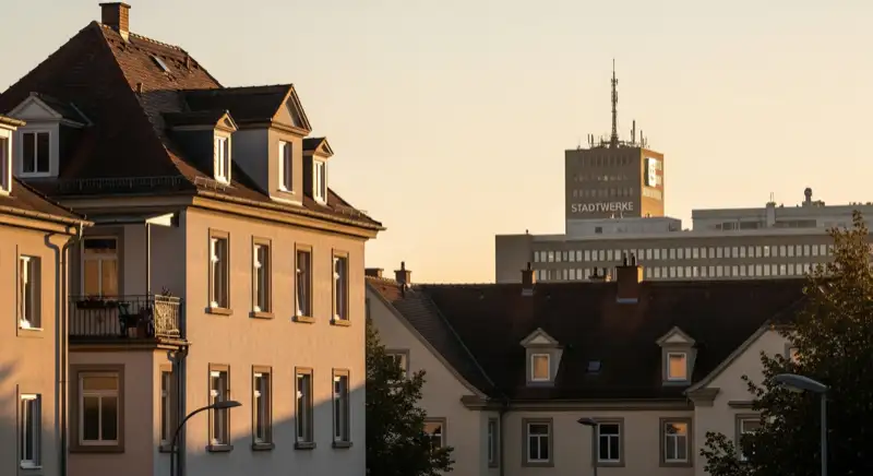 Blick auf das Stadtwerke-Gebäude in Würzburg mit Service-Eingang, lokale Versorgeratmosphäre