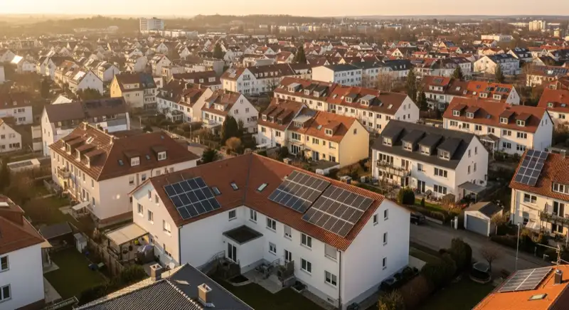 Aerial drone view of typical German residential neighborhood with mixed roof types, red and dark roof tiles, gardens visible, sunny day